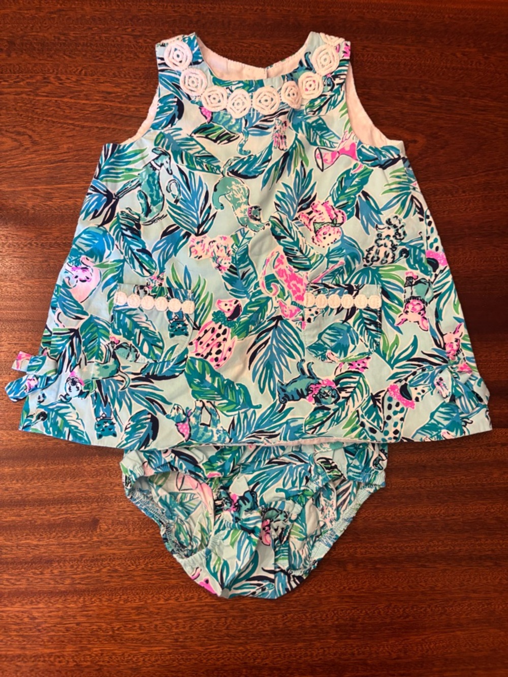 Lilly Pulitzer Tropical Leaf & Puppy Print Dress Set in Aqua, Teal, Pink